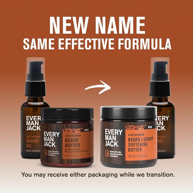 Every Man Jack Beard Oil & Scruff Softening Butter Bundle - Aged Bourbon Fragrance - Rejuvenates, Hydrates & Styles Dry Beards - Naturally Derived with Cocoa Butter and Shea Butter