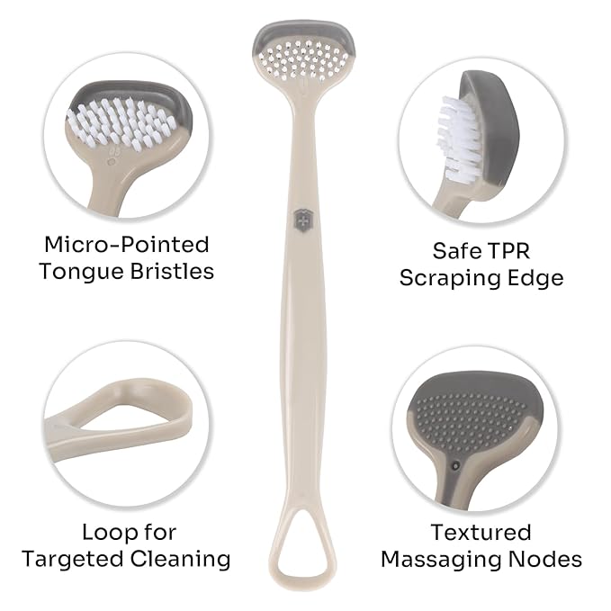 6-Pack Tongue Brush and Scraper for Adults - 3-in-1 Cleaner for Oral Hygiene and Fresh Breath, Sand Beige