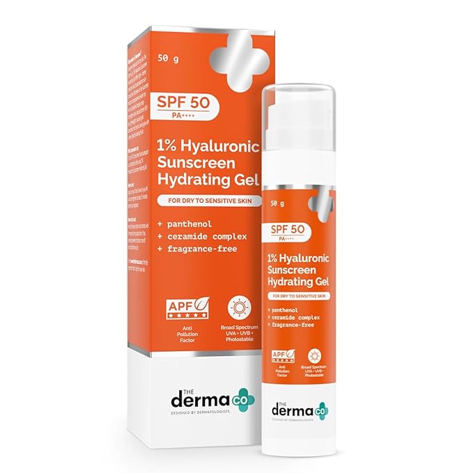 The Derma Co 1% Hyaluronic Sunscreen Hydrating Gel SPF 50 PA++++ | For Dry, Sensitive Skin | UVA/UVB, Broad Spectrum & Blue Light Protection | Clinically Tested - (In -Vivo) | For Men & Women | 50 g