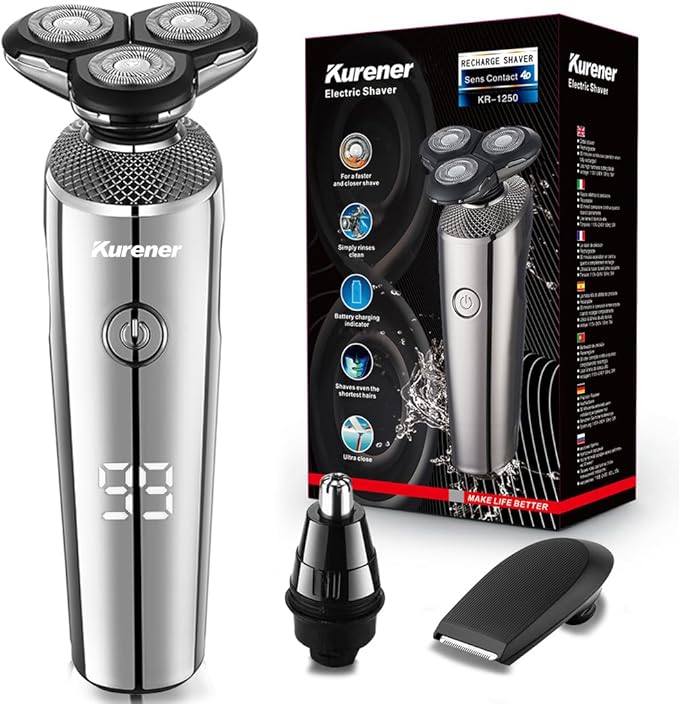 Electric Razor for Men, Kurener Electric Shaver for Men, Rechargeable Wet/Dry Shaver with Nose Trimmer Sideburns Trimmer