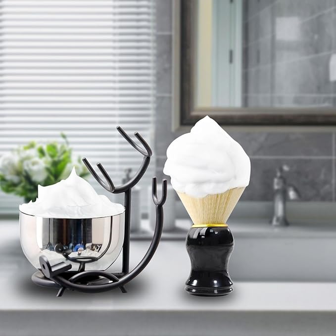 Grandslam Deluxe Shaving Kit for Men, 3 in 1 Shaving Set Includes Shaving Brush, Stainless Steel Shaving Bowl and Razor & Brush Holder, Black Set