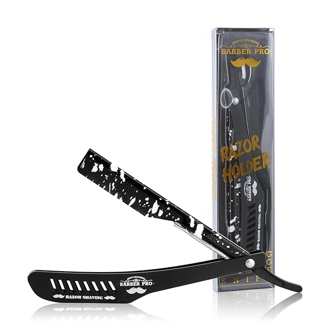 Professional Straight Razor Holder for Barbers – Folding Shaving Razor Handle, Stainless Steel Blade Compatible, for Barber Shop & Home Grooming (Black)