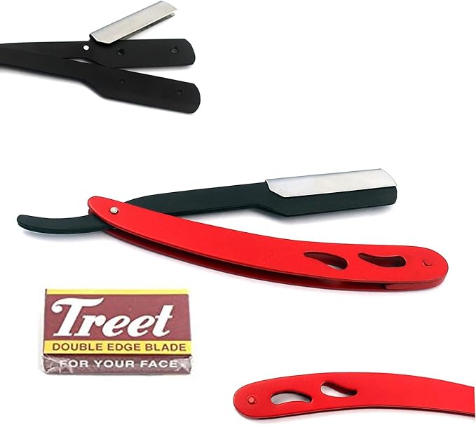 PROFESSIONAL STRAIGHT EDGE RAZOR WITH 100 SINGLE EDGE BLADES - CLOSE SHAVING MEN'S MANUAL SHAVER SAFETY RED AND BLACK A+ QUALITY