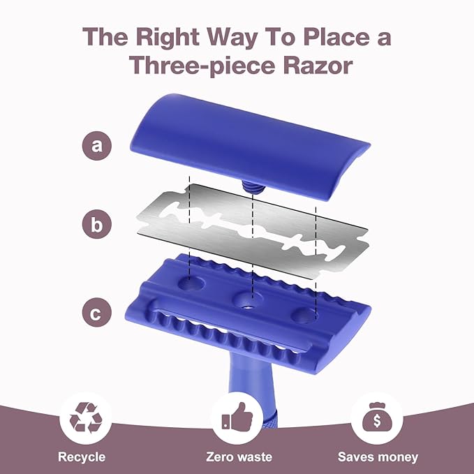 Kinghood Double Edge Safety Razor, Single Blade Razors with 10 Stainless Steel Blades, Reusable Metal Shaving Razor for Women and Men - Dark Blue