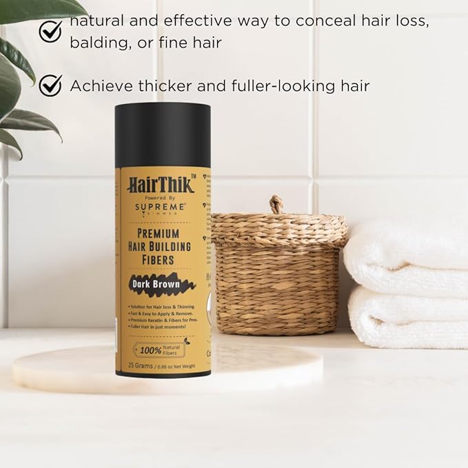 Supreme Trimmer Hair Building Fibers 8-in-1 Kit | 25G Keratin Fibers, Pump Nozzle, Hairline Cards, S&L Shaker, Brush, Wipes, Mirror | Conceal & Thicken Thinning Hair in Men & Women | Dark Brown