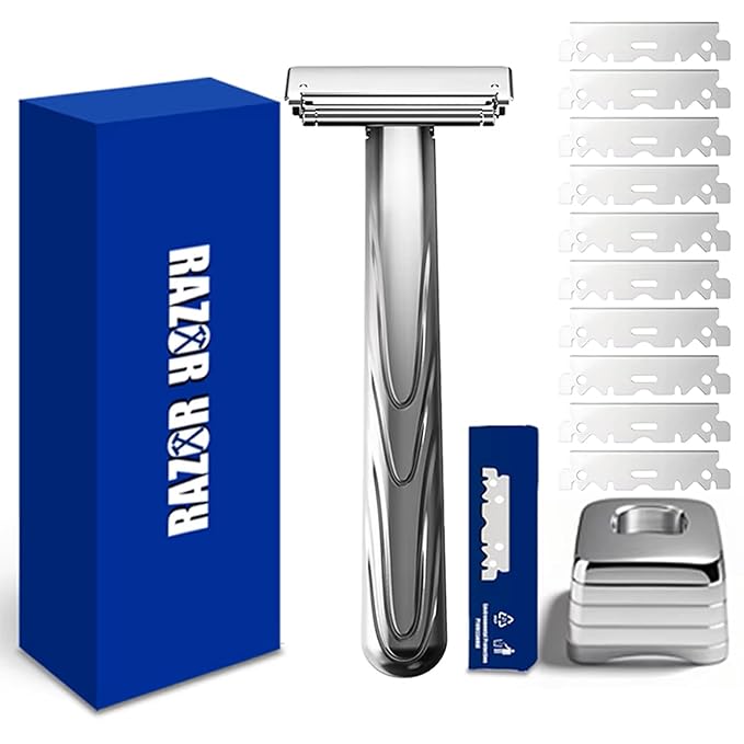 Men's Safety Razor with Silvery Double Stainless Steel Blades - 2 Half Flexible Blades for Smooth Gliding Shave & Beard Care (Silver)