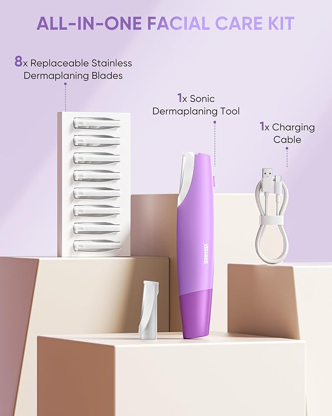 Dermaplane Razor for Women Face, Sonic Dermaplaning Tool for Smooth & Flawless Skin, Dead Skin & Peach Fuzz Gentle Remover, Electric Facial Hair Removal with LED Light&8 Refill Blades, Purple