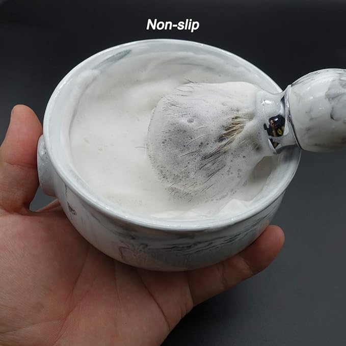 Ceramic Shaving Soap Bowl For Men, Non-slip Handle, Wide Mouth, Large Capacity, Easier to Lather-White& Black