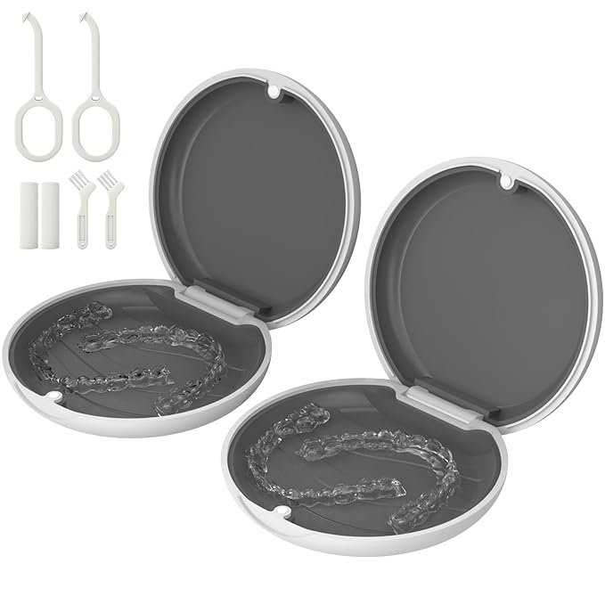 2 Pack Retainer Case, Compatible with Invisalign, Slim Aligner Case with Removal Tool, Aligner Seaters & Brush, Pocket Size Secure Magnetic Closure for Travel - White