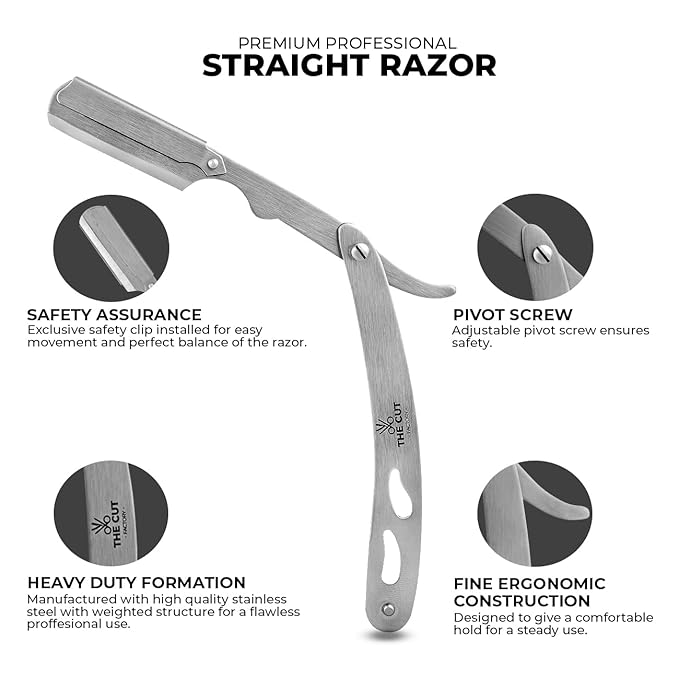 The Cut- Factory- Exquisite Line Straight Razors for Men with Ultra Sharp Single Edge Blades Premium Matte Silver Coated Barber Straight Razor with Leather Pouch and Gift Box