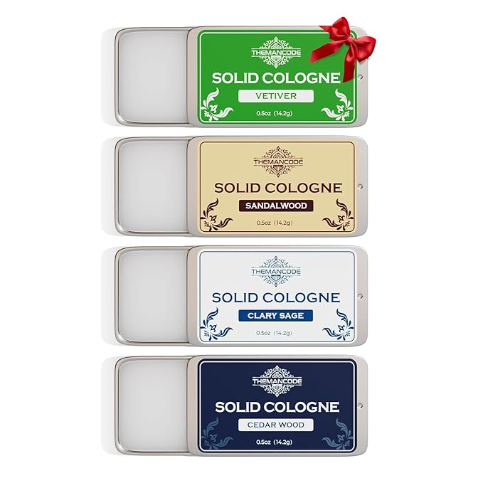 Solid Cologne for Men, Stocking Stuffers, Gifts for Men, Solid Perfume with Sandalwood, Vetiver, Cedarwood, Sage Scents, 4 Pack