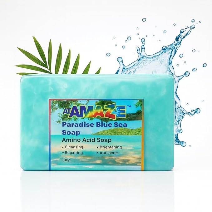 Paradise Amino Acid Organic Soap Bar, Moisturizing, Residue-Free Refreshing Cleanser, Cooling & Invigorating Bath Natural Soap for Women, Men & Kids with Plant-Based Oils, 100g Blue Sea