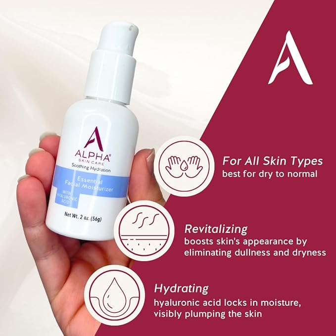 Alpha Skin Care Essential Facial Moisturizer, Hyaluronic Acid, Soothing Hydration, Reduces Lines & Wrinkles, Normal to Dry Skin, 2 Oz, 2 Pack