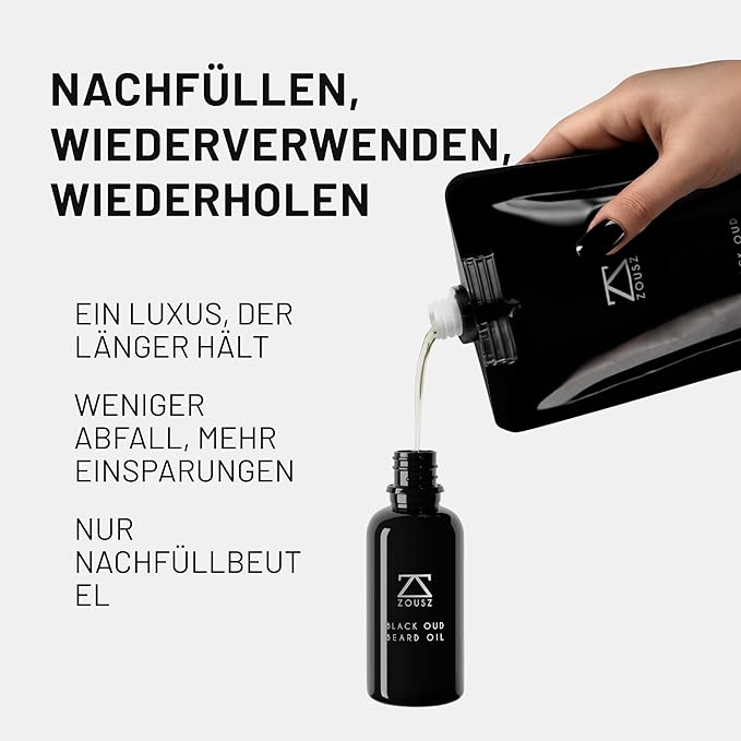 ZOUSZ Black Oud Beard Oil for Men (Growth Enhancer) | Beard Care Essential - Beard Moisturiser/Beard Softener, Non-Greasy After Shaving Oil, Paraben-Free, 100mL Refill Pouch Gift for Men