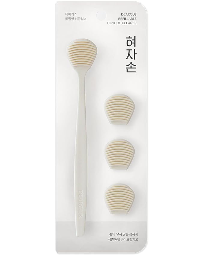 DEARCUS Tongue Scraper with 3 Replaceable Heads for Up to 9 Months - Soft BPA-Free TPE Tongue Cleaner, Designed to Reduce Gag Reflex, Helps Freshen Breath & Remove White Coating (White)