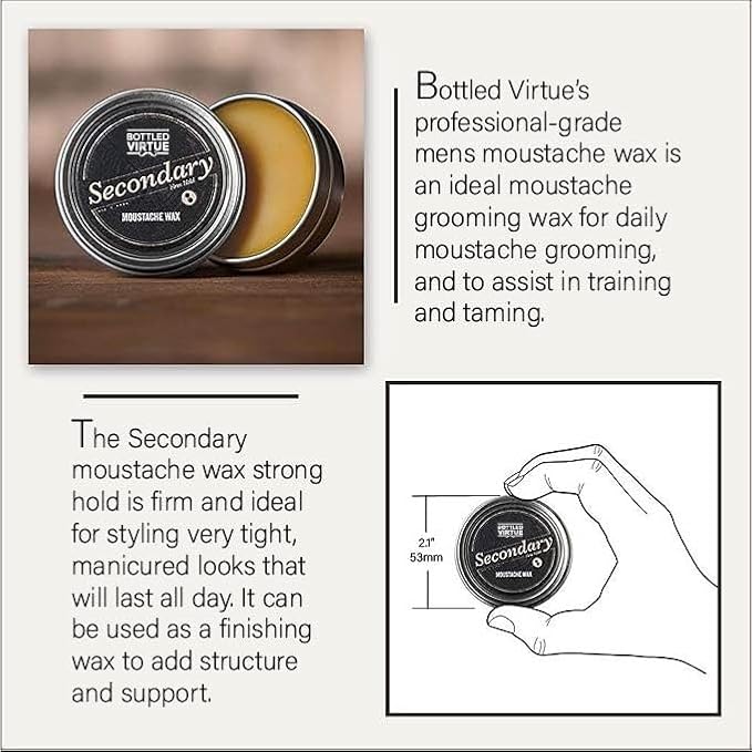 Secondary Extra Strength Moustache Wax, Professional-Grade, Firm Hold, All-Day Uncompromising Hold, Beeswax, Natural Scent, 1 ounce can, 1 Count