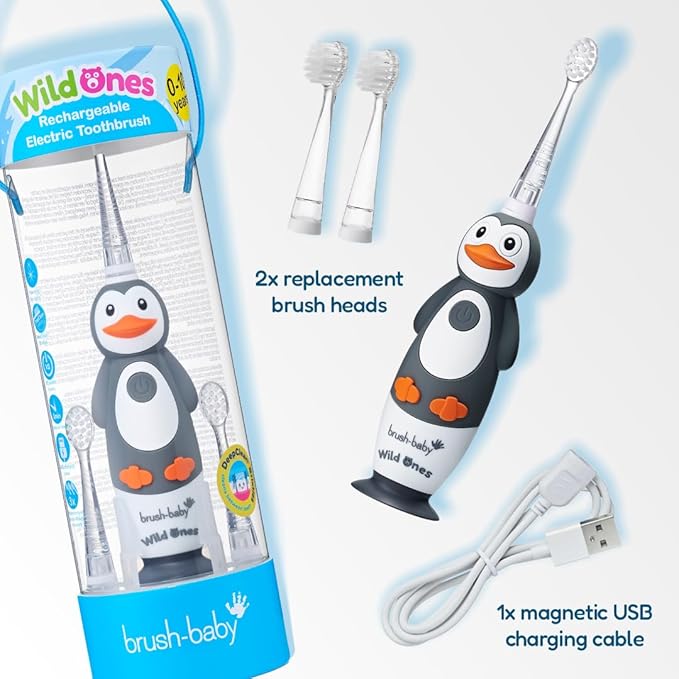 BrushBaby - WildOnes - Kids Rechargeable Electric Toothbrush, Ages 0-10 - Penguin Design with Flashing Lights - DeepClean Bristles for Superior Cleaning - 2 Replacement Brush Heads, 1 USB Cable