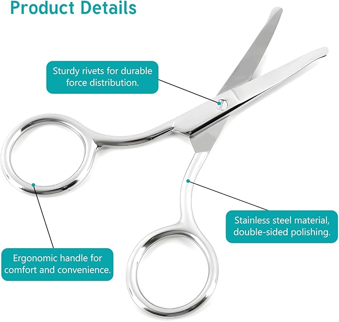 Facial Hair Grooming Scissors for Men & Women: Eyebrow, Nose Hair, Mustache, Beard, Eyelashes, Ear Trimming Kit - Curved & Rounded Safety Tip Clippers - 2PCS Silver.