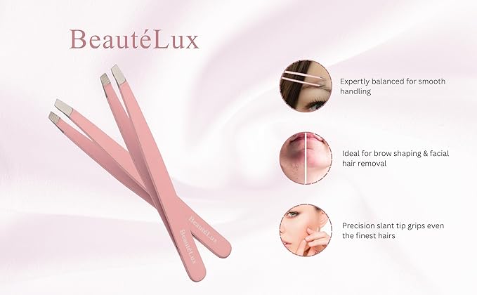 Slant Tip Eyebrow Tweezer for women & men – Stainless Steel Tweezers, Stocking Stuffer for women & men Facial Hair Removal tweezers for Chin hair, Ingrown Hair tweezer, Pink Travel tweezers with case
