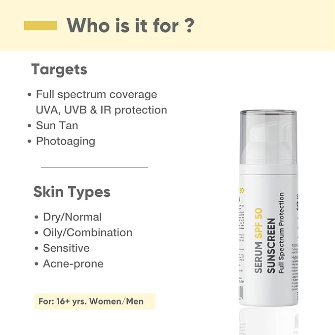MI Sunscreen Serum SPF 50 PA++++ | Broad Spectrum UVA, UVB & IR Protection | No White Cast | Ultra-Lightweight | Skin Safe | Dewy Finish | Non-Greasy, Quick Absorbing | For Women & Men | 30ml