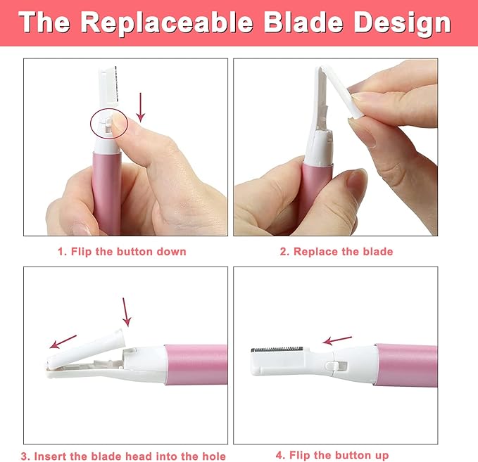 Electric Eyebrow Trimmer for Women, Facial Hair Razor Removal for Men, Mini Epilator for Bikini, Remover for Face, Chin, Peach Puzz, Lips, Body, Arms, Legs, Battery Operated (Pink, Black)