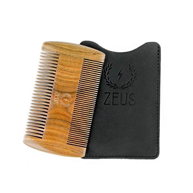 ZEUS Double-Sided Beard & Mustache Comb for Men, Natural Sandalwood Grooming Tool with Leather Case, Anti-Static & Travel Friendly (R31)