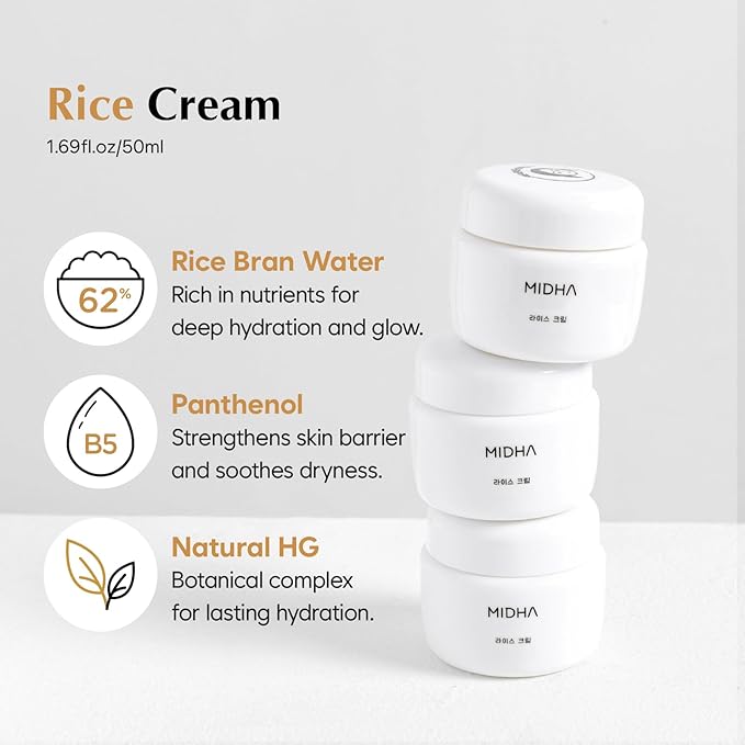 MIDHA Rice Cream 1.69fl.oz/50ml, Deep Hydration, Glow-Enhancing, Skin Barrier Support – Moisturising, Lightweight Daily Cream with Dewy, Radiant Finish, for Rice Face Spots