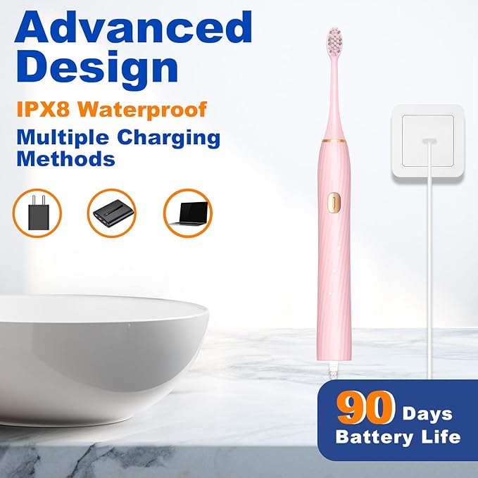 FXQQZZ Electric Toothbrush for Adults and Kids, with Tongue Scraper and Travel Case, 8 Brush Head, Smart Timer & 4 Modes Rechargeable Toothbrush, 42000 VPM Deep Clean, One Charge Last 90 Days - Rose