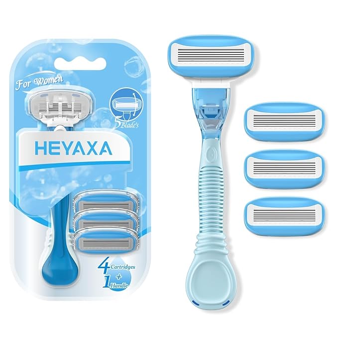 Razors for Women with 4 Razor Refills and 1 Non-Slip Handle, Womens Razors for Shaving with Organic Lubricating Strip, Disposable Razor with 5 Blades (Sky Blue)
