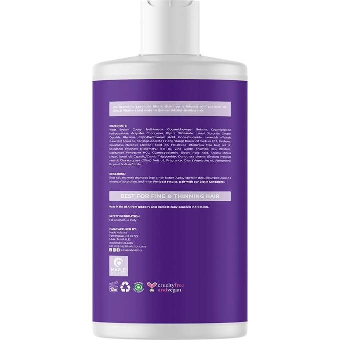 Lavender Biotin Shampoo for Thinning Hair - Volumizing Shampoo for Fine Hair with B Vitamins Rosemary Argan Primrose & Tea Tree Oils - Paraben Silicone and Sulfate Free Vegan Formula (16 Fl Oz)
