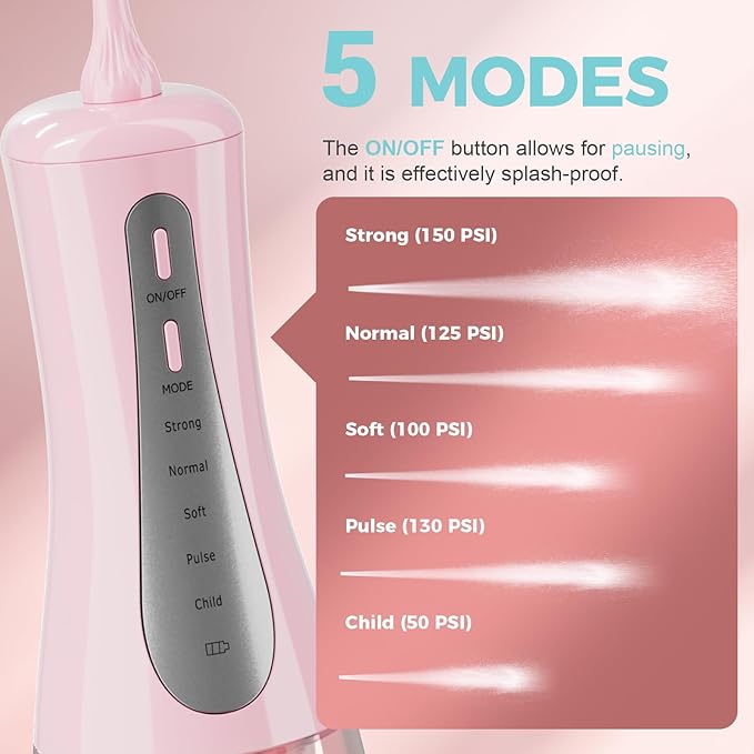 2026 New 350ML Water Flosser with Drainage & Storage Stand, Keeps Dry & Clean, 5 Modes, 360°Nozzle, Cordless Rechargeable, IPX7 Waterproof, Portable for Home & Travel (Pink)