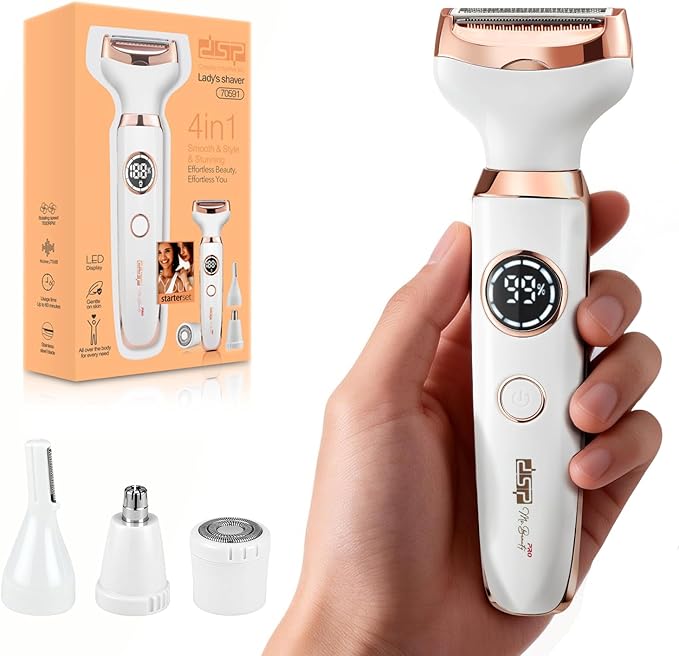 DSP 4 in 1 Electric Razor for Women, Rechargeable Ladies Shaver with LED Display & Fast Charging, Electric Trimmer for Face Body Legs Bikini, Portable Grooming Kit for Family