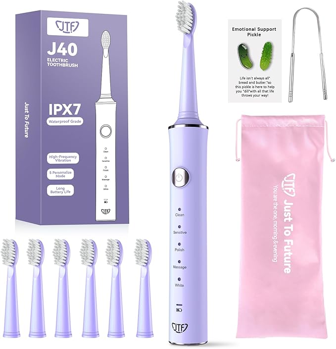 JTF Sonic Electric Toothbrush for Adults: 6 Brush Heads, Travel Bag, Tongue Scraper, 5 Brushing Modes for Teeth, Smart Timer and IPX7 Waterproof, Rechargeable Toothbrush for Deep Cleaning & Whitening