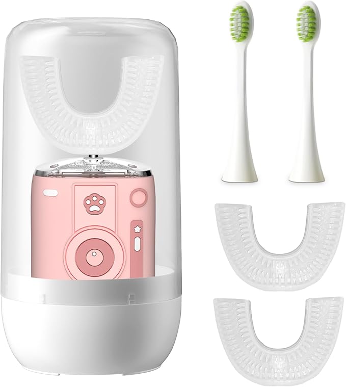 Adult Sonic Automatic Electric Toothbrush, 360° Oral Cleaning Stain Whitening(Pink-Cup), IPX7 Waterproof Rechargeable, u-Shape Brush Head*3+Straight Handle Brush Head*2