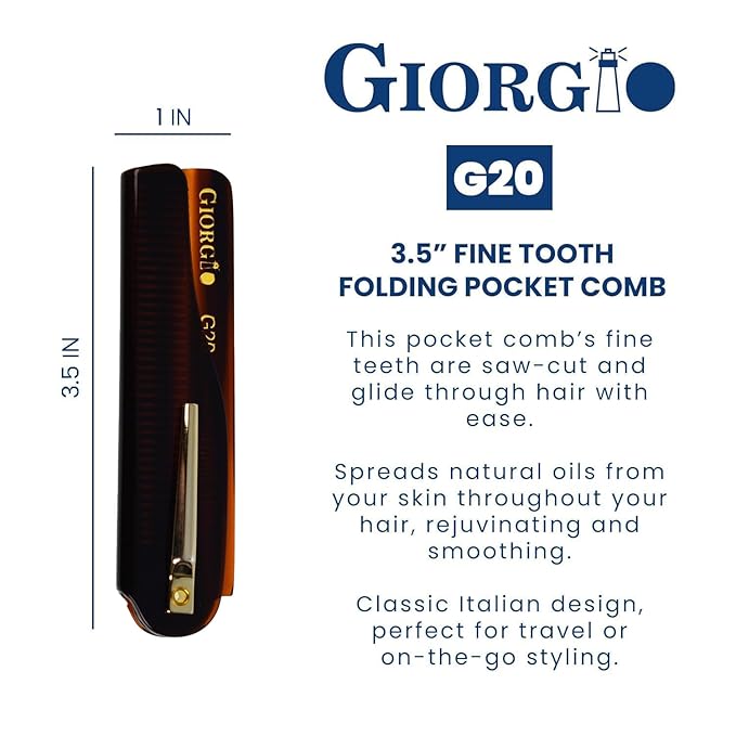 Giorgio G20 Folding Mustache and Beard Comb 6.5 Inch - Fine Tooth Travel Comb for Everyday Styling and Hair Care - Handcrafted Sawcut and Hand Polished (Tortoiseshell)