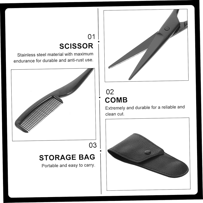 minkissy 3pcs Beard Trimming Scissors Set with Comb and Pu Leather Storage Bag Stainless Steel Mustache and Eyebrow Care Tools for Professional and Home Grooming