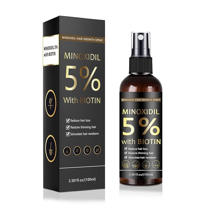 5% Minoxidil Hair & Beard Growth Spray with Biotin for Men & Women, Hair Regrowth, Treatment for Hair Loss & Thinning, for Stronger Thicker Fuller Healthier Hair, for All Hair Types (3.38 oz, Black)