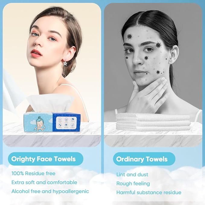 Orighty Disposable Face Towel, Biodegradable Clean Facial Towels, Super Soft Makeup Remover Wipes, Absorbent Facial Wash Cloth for Makeup Removing, Facial Cleansing, Nursing, Outdoor, 100 ct, 1 pack