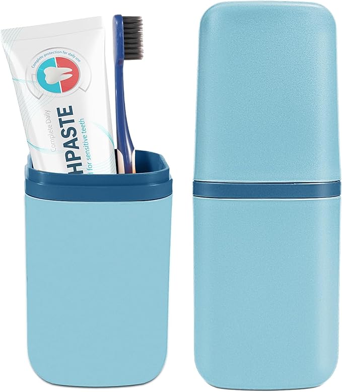 Travel Toothbrush Cup Case Portable PP Seal Tooth Brush Holders Cover Multi-Function Toothpaste Storage Container Cup for Home School Camping Business Trip Bathroom (Blue)