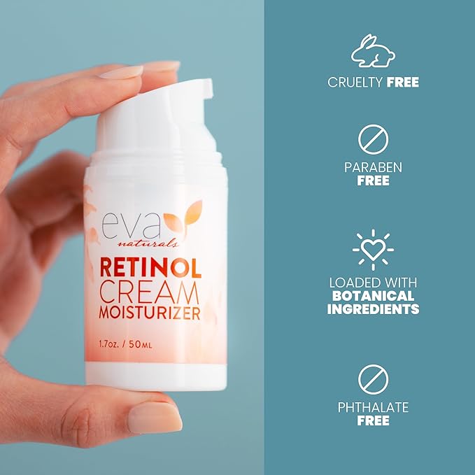 Eva Naturals Anti-Aging Retinol Cream For Face - Anti-wrinkle Retinol-Complex Moisturizer Day & Night Cream w/Hyaluronic Acid & Vitamin E For Women & Men - Reduce Fine Lines & Dark Spots - 1.7 Fl Oz