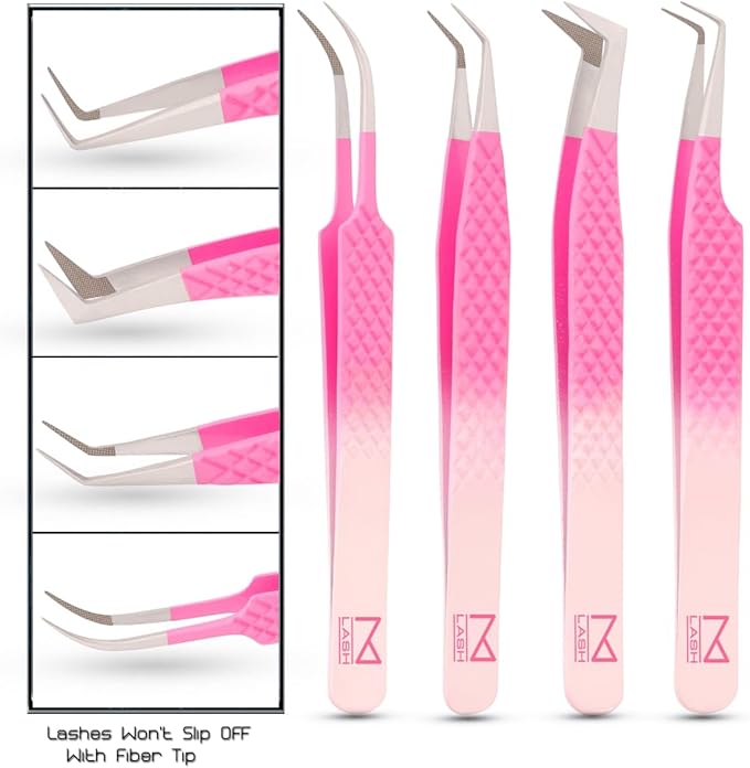 M LASH Tweezers for Eyelash Extensions (Set of 4) - Professional Lash Extension Tweezers - Fiber Tip, Japanese Steel, Diamond Grip Eyelash Extension Tweezer set (Ombre)