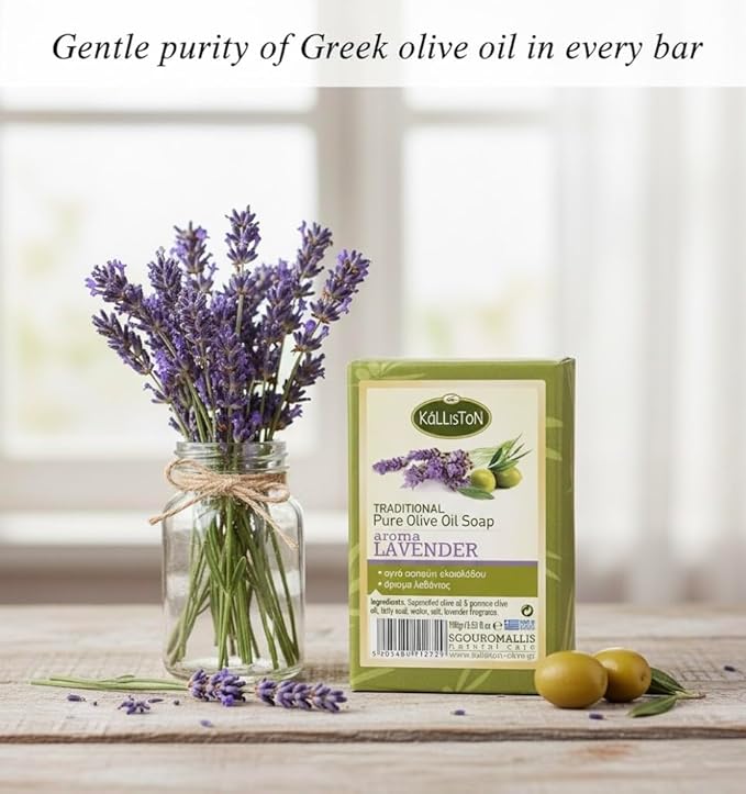 Kalliston, French Lavender Soap Bar with Olive oil, All Skin Types, Nouishing and Moisturising, Bamboo Soap Dish Tray Included, Made in Greece, Pack of 3+1