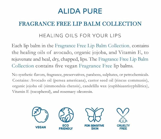 Fragrance Free Lip Balm, Vegan Set, Unscented, No Flavor, Beeswax Free, Organic Jojoba and, Avocado Oil, Vitamin E, Natural Moisturizer for Dry, Chapped, or Cracked Lips, 5 Tube Set