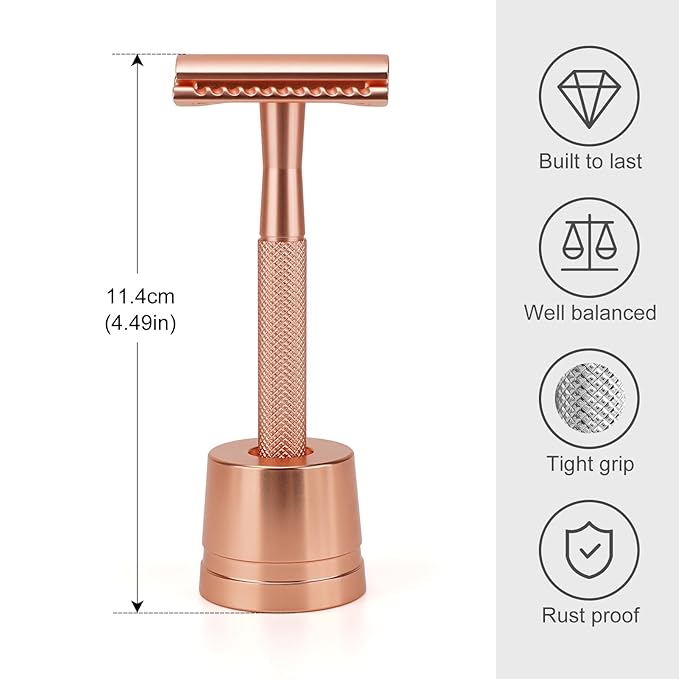 Safety Razor with Stand for Men & Women - Double Edge Single Blade Razor, One Blade Razor with 10 Blades & Metal Stand - Reusable Mens & Womens Shaving Razor (Complete Kit)-Rose gold