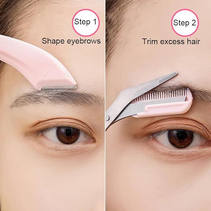 2-Pack Eyebrow Razor Set with Scissors and Comb, Pink, Stainless Steel for Women and Men Professional Eyebrow Scissors with Comb