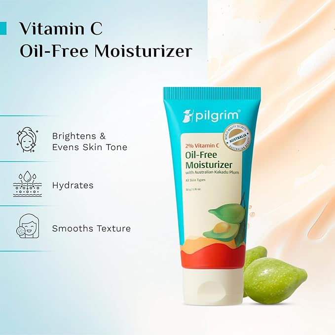 Pilgrim 2% Vitamin C Oil-Free Moisturizer with Australian Kakadu Plum | Lightweight Hydrating Face Cream for Oily & Combination Skin | Non-Greasy Daily Use | 1.76 Oz (50g)