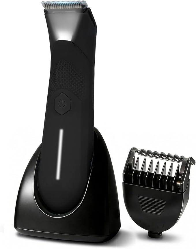 Body Trimmer for Men - Groin & Ball Shaver with Charging Dock - Constant Power No-Pull Electric Pubic Hair Clipper - 5-in-1 Guard Waterproof Body Groomer with LED Light