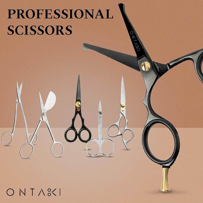 Ontaki Mustache Scissors - 4.2" Black Japanese Steel - Beard & Nose Hair Trimming Scissors for Men - Rounded Tip Ergonomic Handles - Hand-Forged Mustache Grooming Kit