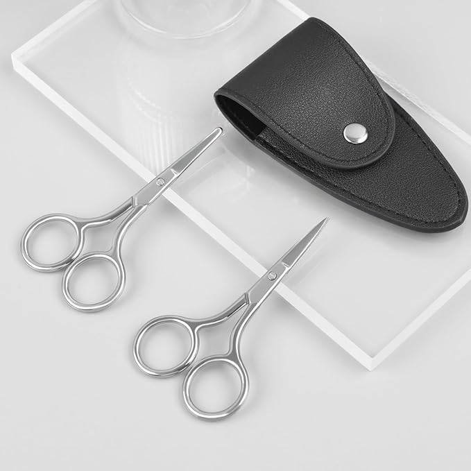 Eyebrow & Rounded Tips Nose Hair Scissors with Carrying Pouch for Men Women,Stainless Steel Small Scissors for Grooming Brow, Beard, Mustache, Eyelashes, Ear Hair,Hair Cutting (Silver)