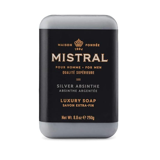 Mistral Silver Absinthe Luxury Bar Soap for Men | Men’s Natural Soap Bar | Paraben, Phthalates Free | Moisturizing & Triple-Milled Natural Soap for Men - Made in France | Large, 8.8 oz